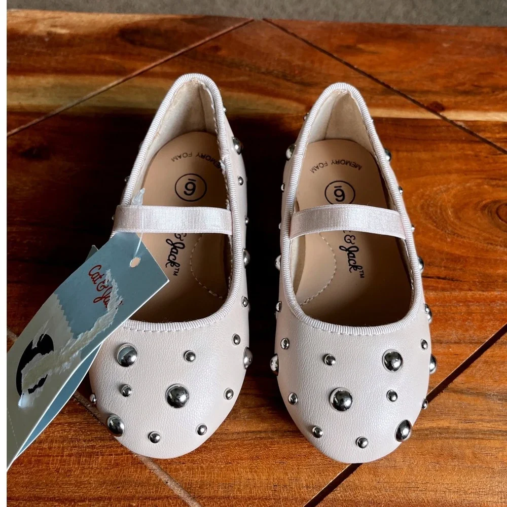 Cat & Jack Heather Pink Studded Ballet Flats Mary Jane Shoes Kids Size 6 NWT